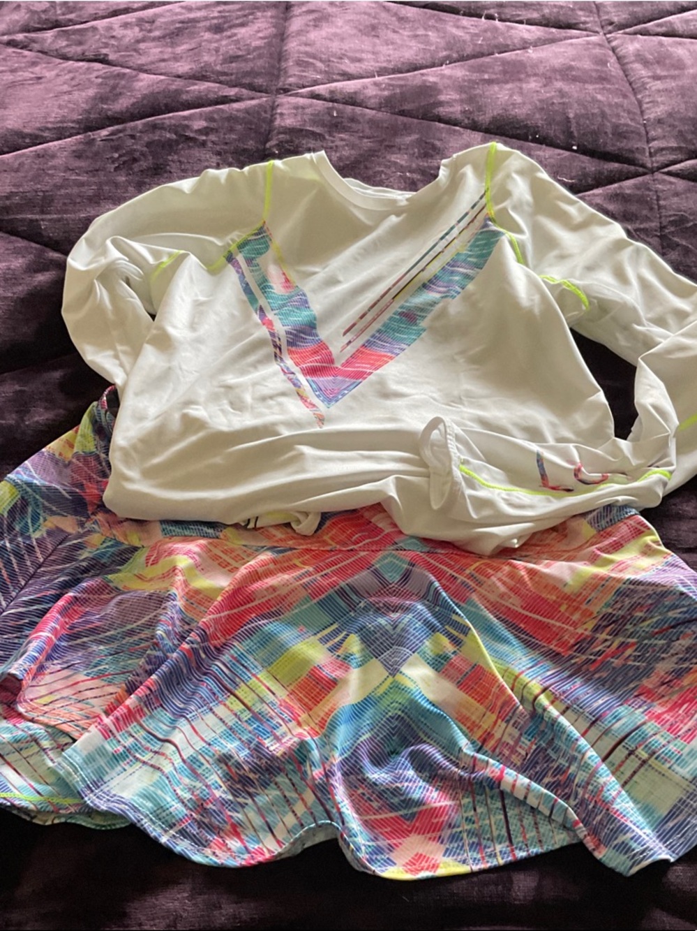 White Top with Multicolor Chevron Detail and Matching Skirt. Lucky in love